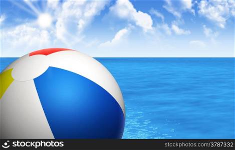 Summer vacation and holidays concept with a colorful beach ball and a background with blue sky, clouds and sea on a sunny day 3d rendering.
