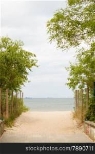 Summer vacation and resort. Empty entrance with green leaves to a sandy beach. Seascape.