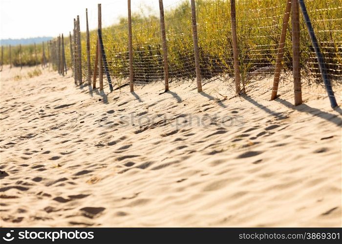 Summer vacation and resort. Sandy beach in summer and grassy dunes with fence