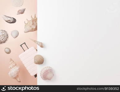 Summer, vacation background. Cream, pastel colors, baggage and sea shells. Backdrop for advertising. Free, copy space for your text. Modern and trendy design. Holiday, travel, tourism. 3D rendering. Summer, vacation background. Cream, pastel colors, baggage and sea shells. Backdrop for advertising. Free, copy space for your text. Modern and trendy design. Holiday, travel, tourism. 3D rendering.