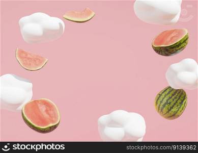 Summer, vacation background. Pink color, clouds and flying watermelons. Backdrop for advertising. Free, copy space for your text. Frame, modern design. Holiday, travel, relax concept. 3D rendering. Summer, vacation background. Pink color, clouds and flying watermelons. Backdrop for advertising. Free, copy space for your text. Frame, modern design. Holiday, travel, relax concept. 3D rendering.