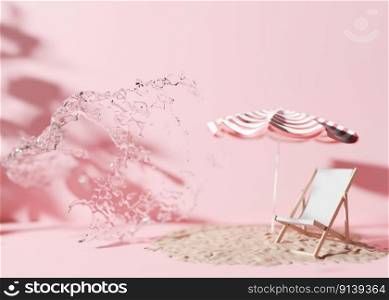 Summer, vacation background. Pink color, water, sand and beach accessories. Backdrop for advertising. Free, copy space for your text. Holiday, travel, relax concept. 3D rendering. Summer, vacation background. Pink color, water, sand and beach accessories. Backdrop for advertising. Free, copy space for your text. Holiday, travel, relax concept. 3D rendering.