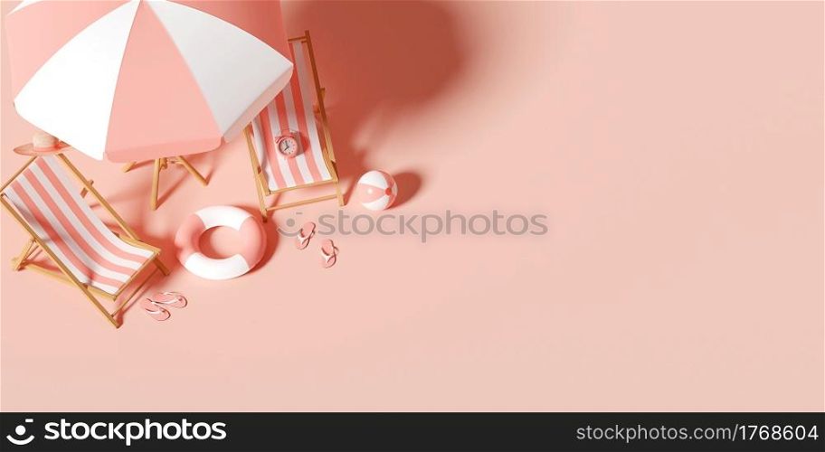 Summer vacation concept, Top view of beach umbrella, chairs and accessories, minimal 3d illustration