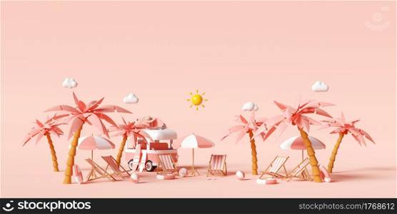 Summer vacation concept, Travel to the beach by van carrying travel accessories parking at the beach on pink background, 3d illustration