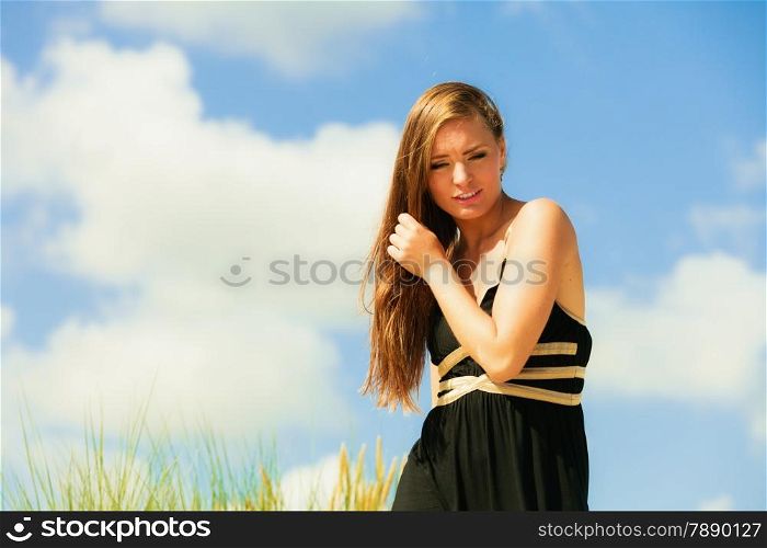 Summer vacation day freetime concept. Woman body sunbathing outdoor.