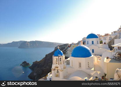 summer vacation on beautiful vulcanic island santorini at greece