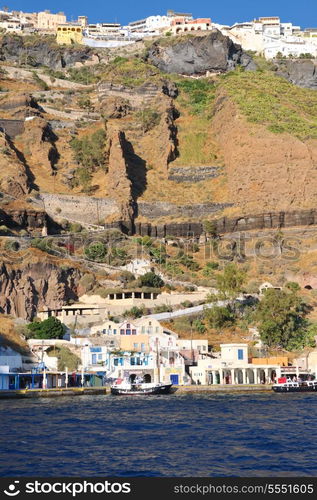 summer vacation on beautiful vulcanic island santorini at greece