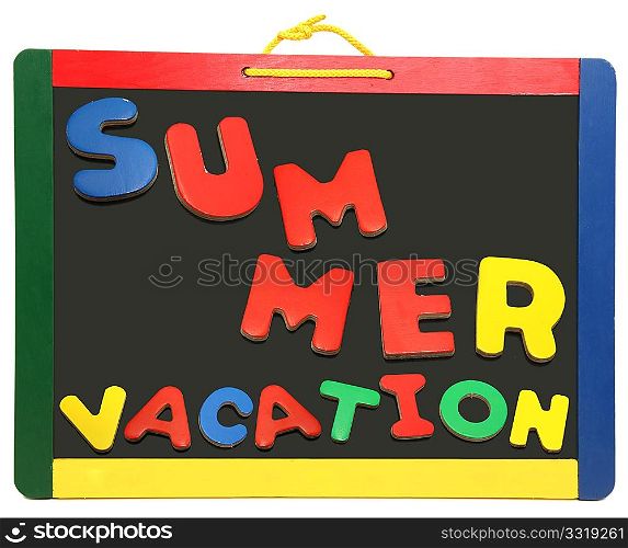 Summer vacation spelled out in colorful wooded letters on chalkboard isolated on white