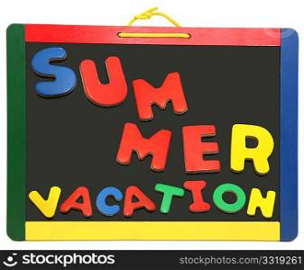 Summer vacation spelled out in colorful wooded letters on chalkboard isolated on white