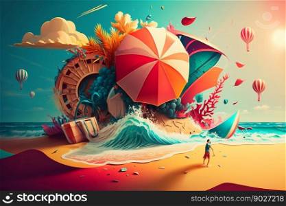 Summer vacations beach holiday on sunset background. Generative AI. High quality illustration. Summer vacations beach holiday on sunset background. Generative AI