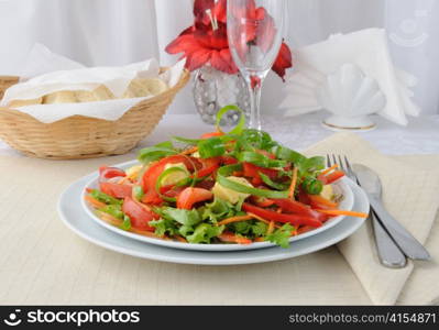 Summer vegetable salad with grilled cheese and onion in a serpentine