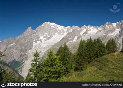 summer view Mont Blanc from Ferret valley, Courmayeur, Italy.