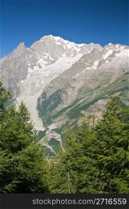 summer view Mont Blanc from Ferret valley, Courmayeur, Italy.