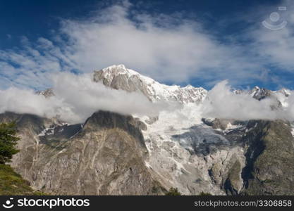 summer view Mont Blanc massif, Courmayeur, Italy.