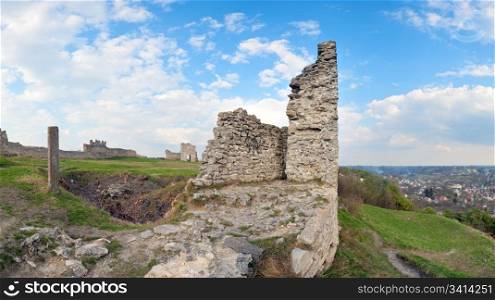 Summer view of ancient castle ruins ( Kremenets city , Ternopil Region, Ukraine). Built in 12th century. Four shots stitch image.