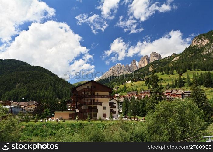 summer view of Canazei in Fassa Valley, Trentino, Italy
