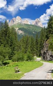 summer view of Fassa valley, Trentino, Italy, with a small road along the river. On the background the Sassolungo mountain