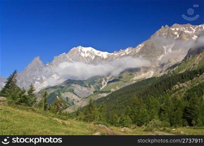 summer view of Ferret Valley and mont Blanc, Courmayeur, Italy. Photo taken with polarized filter