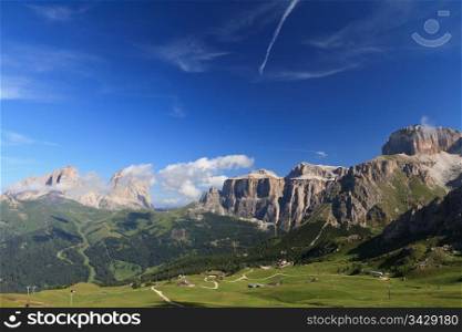 summer view of Italian Dolomites in Fassa Valley