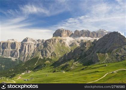 summer view of italian Dolomites near pordoi pass