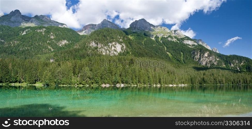 summer view of lake Tovel, Trentino, Italian alps