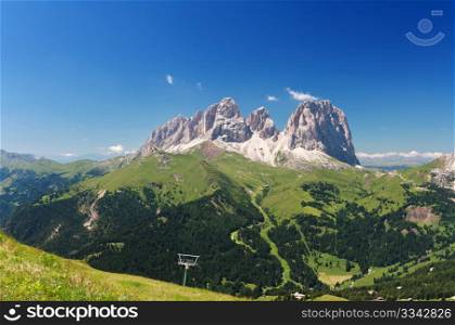 summer view of Langkofel - Sassolungo mountain, Italian Dolomites