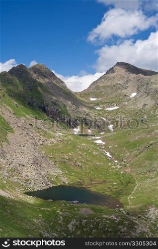 summer view of Lusia lakes, Italian dolomites.