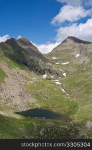summer view of Lusia lakes, Italian dolomites.