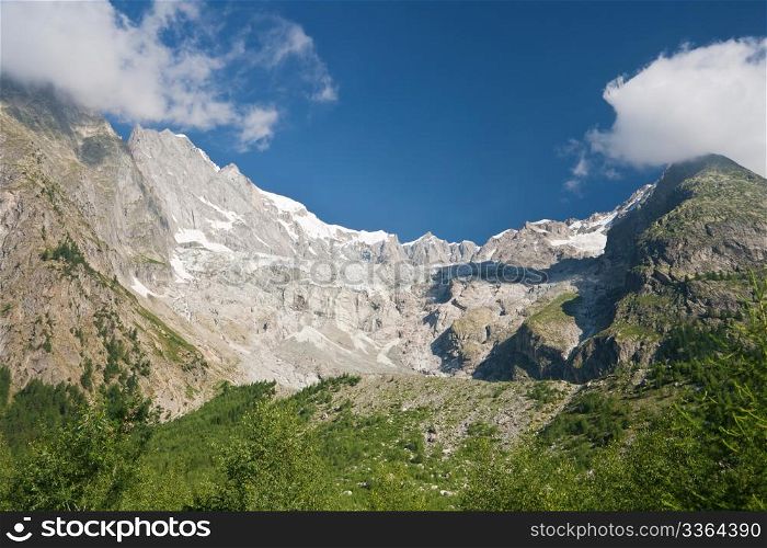 summer view of Miage glacier in Mont Blanc massif, Courmayeur, Italy