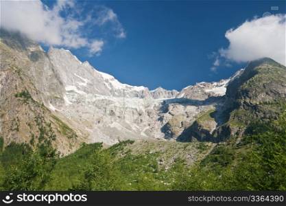 summer view of Miage glacier in Mont Blanc massif, Courmayeur, Italy
