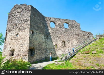 Summer view of Nevytsky Castle ruins (Kamyanitsa village ,12 km north of Uzhhorod, Zakarpattia Oblast, Ukraine). Built in 13th century.