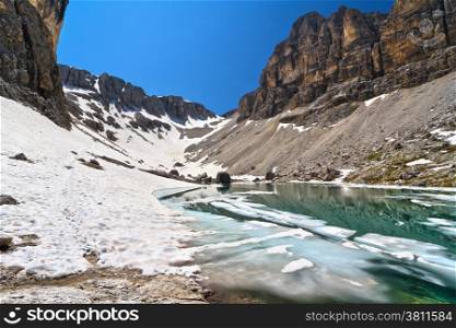 summer view of Pisciadu lake and Tita valley in Sella mountain, sudtirol, Italy
