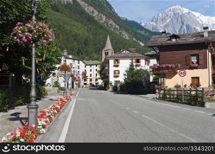 summer view of Pre&rsquo; Saint Didier, small town near Courmayeur, Aosta Valley, Italy