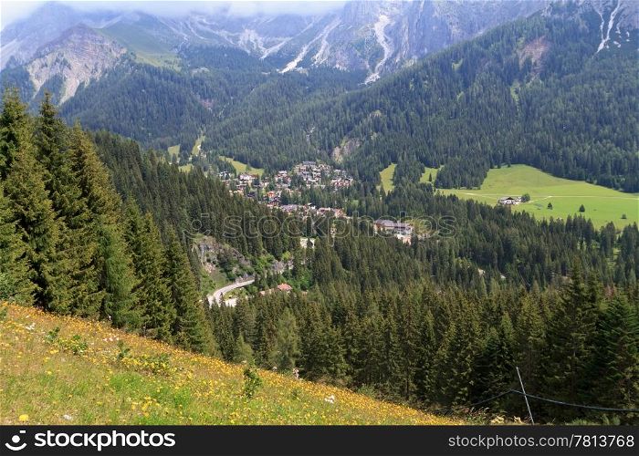 summer view of San Martino di Castrozza and Primiero valley, Trentino, Italy