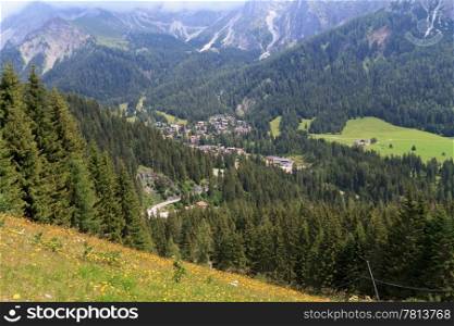 summer view of San Martino di Castrozza and Primiero valley, Trentino, Italy