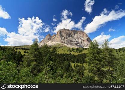 summer view of Sassolungo mount from Gardena valley, Italian Dolomites