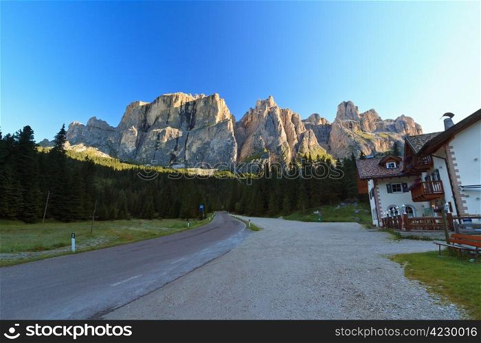 summer view of Sella group at morning, Italian Dolomites