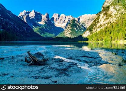 Summer view of the Dolomites at Durrensee Lake in the morning in South Tyrol, Italy