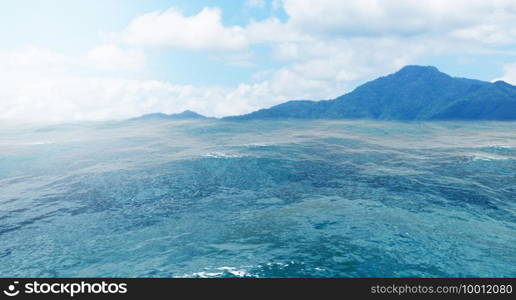Summer view of the sea and mountain range. Island of rocks in the ocean, mountain island on the horizon, panorama of ocean landscape with island, 3D rendering