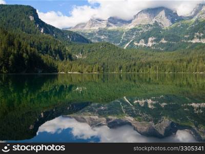 summer view of Tovel lake in Italian alps