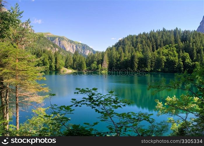 summer view of Tovel Lake, Trentino Italy.