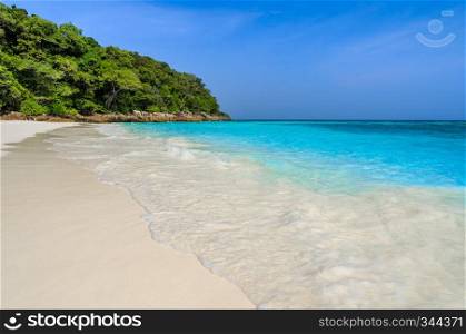 Summer view of tropical white sand beach and turquoise clear Andaman sea in Phang Nga Province, Thailand