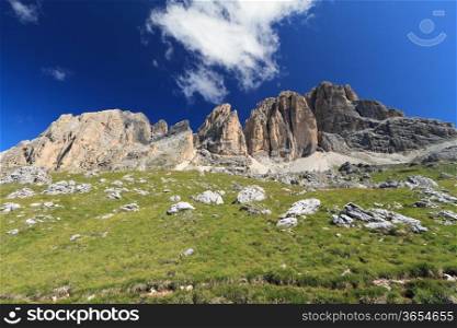 summer viewof Sassolungo group, Fassa Valley, Trentino, Italy