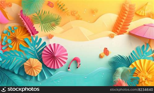 Summer wallpaper. The beach with tropical leaves. Generative AI
