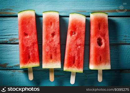 Summer watermelon slice popsicles on a blue rustic wood background. Generative AI