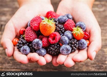 Summer wild berries in hands - raspberry, strawberry, blackberry and blueberry
