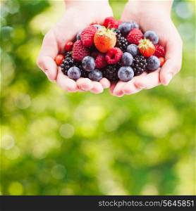 Summer wild berries in hands - raspberry, strawberry, blackberry and blueberry outdoor