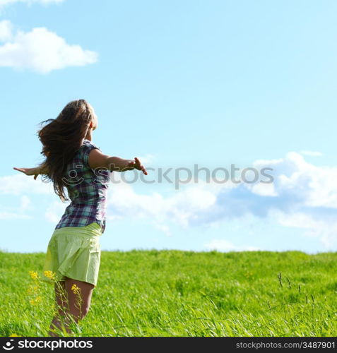 summer woman fly in blue sky