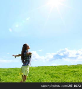 summer woman fly in blue sky