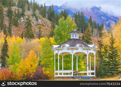 summerhouse in mountains in the autumn season